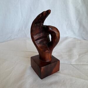 Vintage Walnut Sculpture Hand Symbol OK Gesture Quirky Art